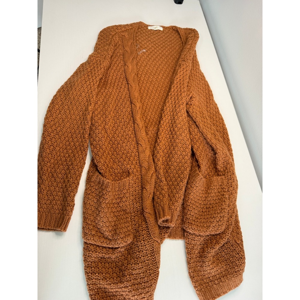 Reborn J Womens Rust Orange Cable Knit Open Front Cardigan Sweater Small - Picture 7 of 12